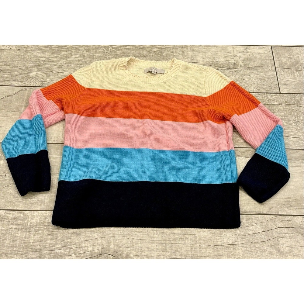 LOFT Colorblock Striped Sweater Size Petite L Preppy Coastal Scalloped Neck